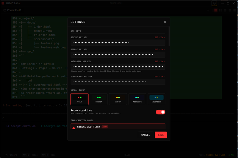 Settings - API keys and themes