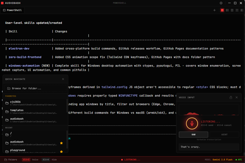 AudioBash main window with voice input and quick navigation